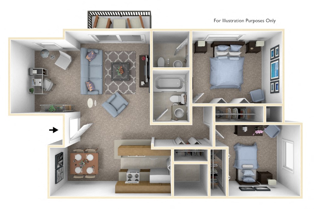 Floor plan for 2 beds, 1.5 baths, 970 sqft